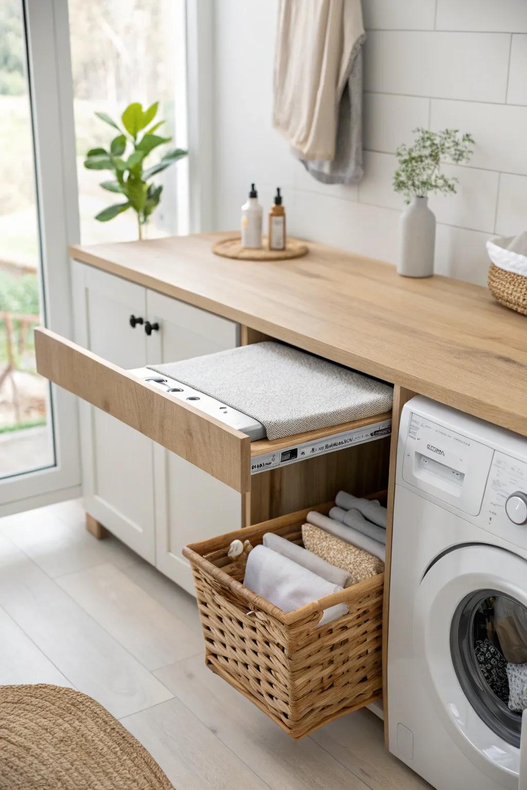 Sleek laundry counter with a hidden pull-out ironing board slot—minimal, tidy, effortless.