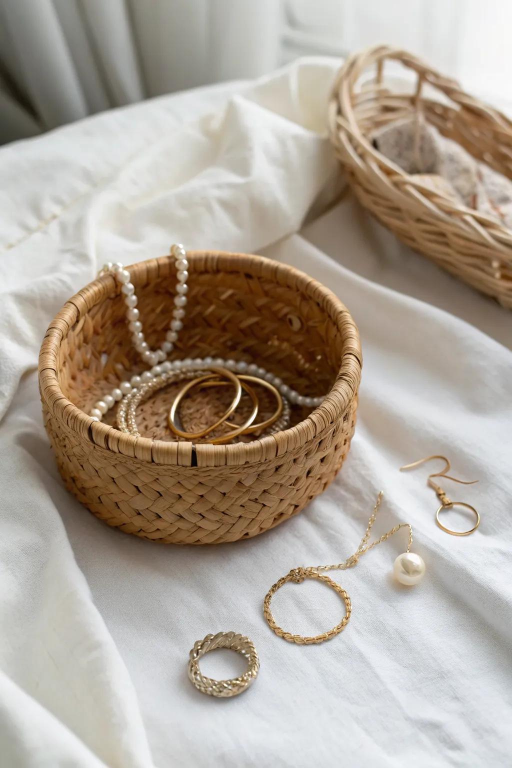 No more tangles—shower rings keep necklaces tidy in a minimalist basket for small-space vanities.