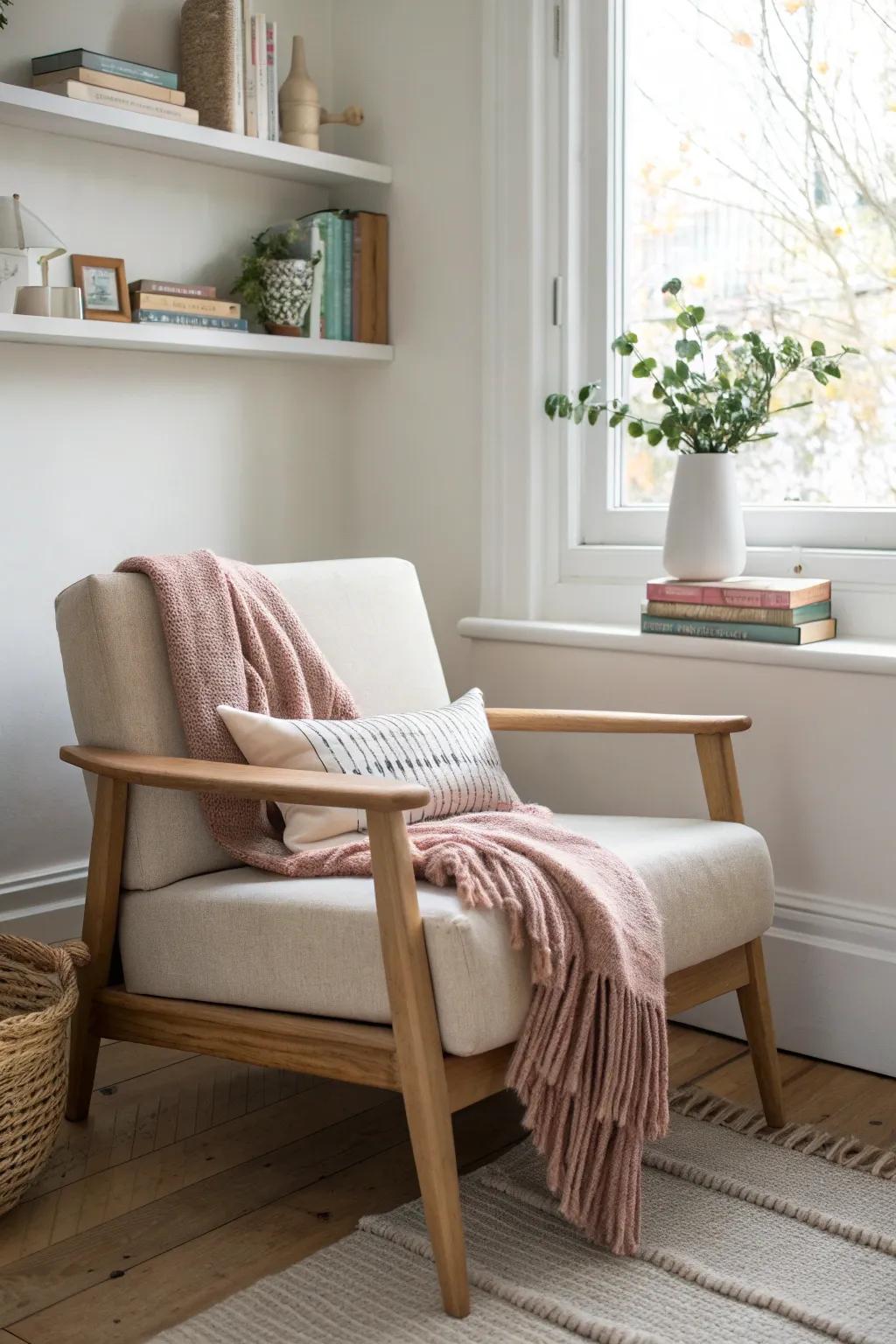 A cozy corner chair + tiny book ledge makes a calm, clutter-free kids reading nook.