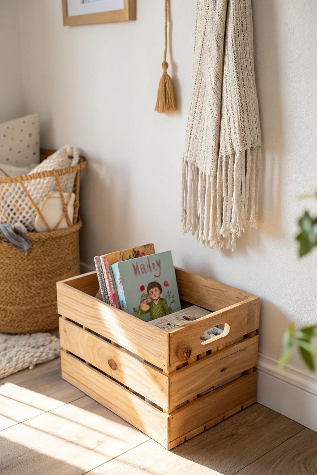 Wall-mounted wooden crate shelf: a sweet, budget-friendly way to store books and toys.
