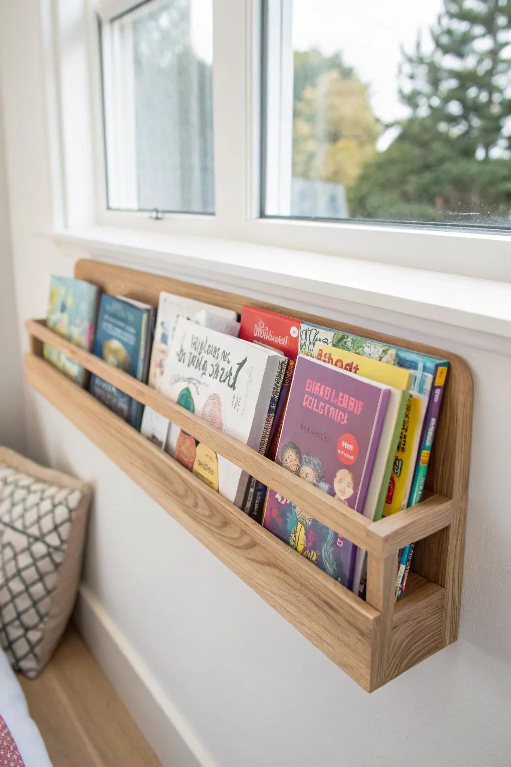 A tiny book ledge turns into decor when kids’ books are styled in a rainbow color order.