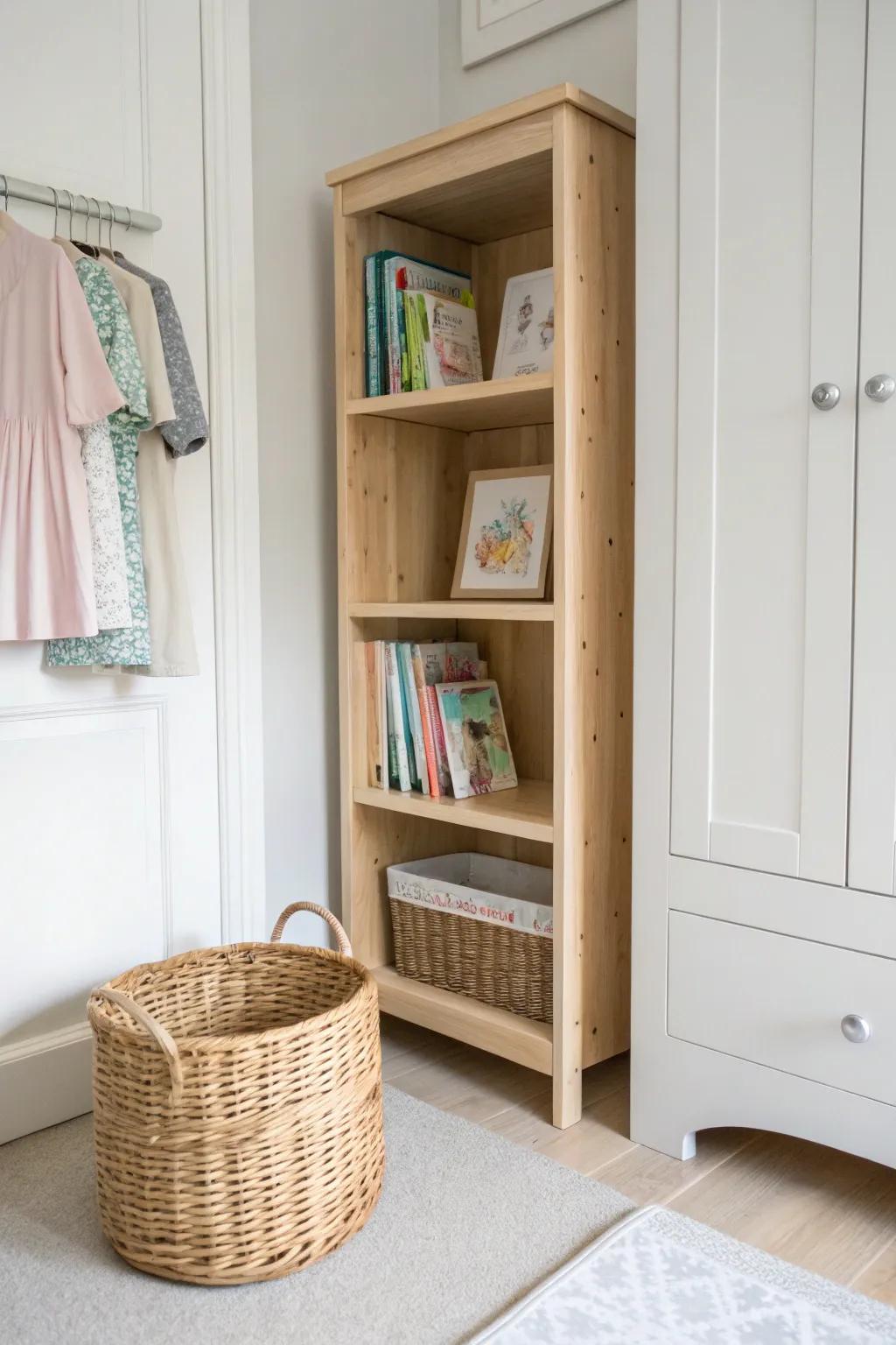 A closet-side bookshelf zone that hides clutter fast—keep a few covers facing out.
