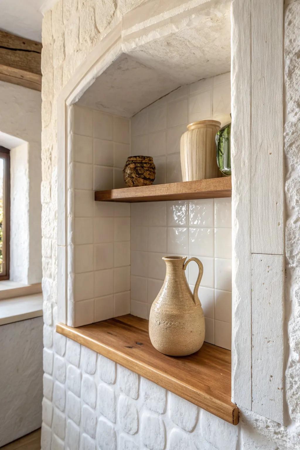Layer smooth plaster, zellige tile, and warm oak to turn a tiny kitchen alcove into a focal point.