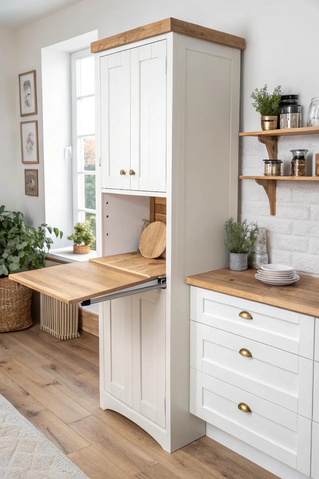 A hidden flip-up pantry-side worktop—extra counter space that folds away in seconds.