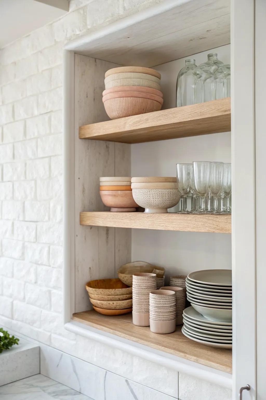 Color-sorted ceramics in an open wall niche keep a small kitchen light, airy, and curated.