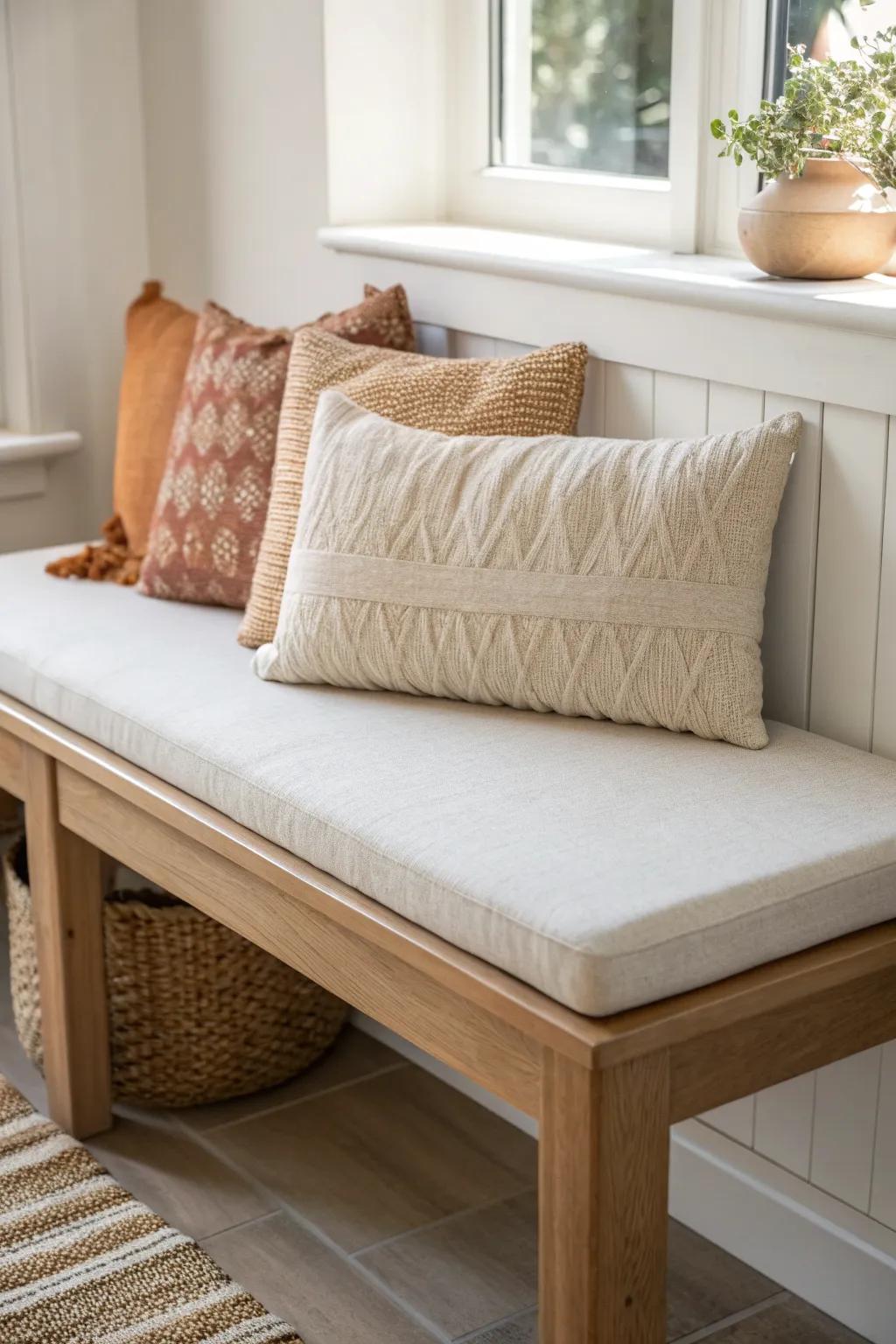 Layer a thick bench cushion with soft throw pillows for a cozy, linger-longer breakfast nook.