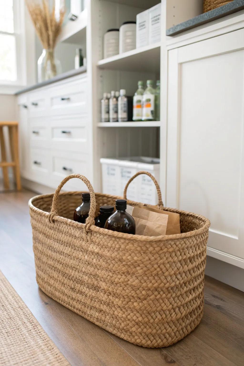 One woven floor basket keeps drinks and bulk refills in a calm, clutter-free backstock zone.