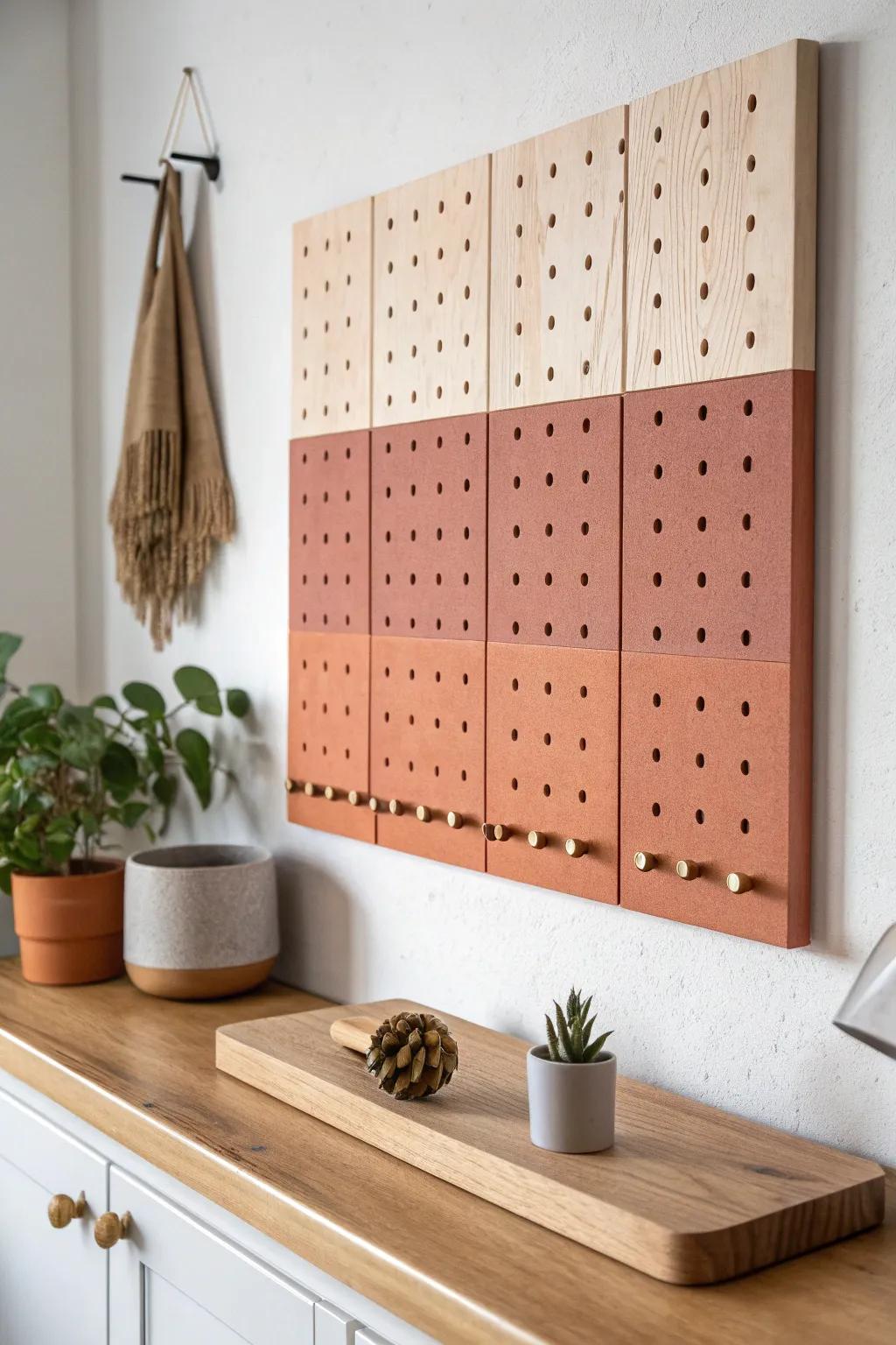 Color-blocked pegboard turns blank kitchen walls into chic storage and statement decor.