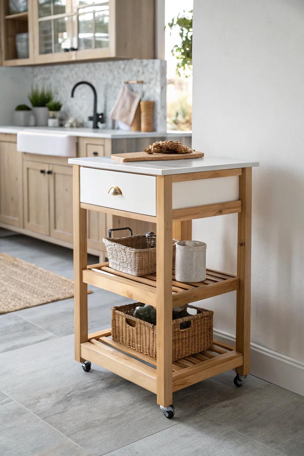 A rolling island cart adds flexible prep space—then parks away to keep an L-shaped kitchen open.