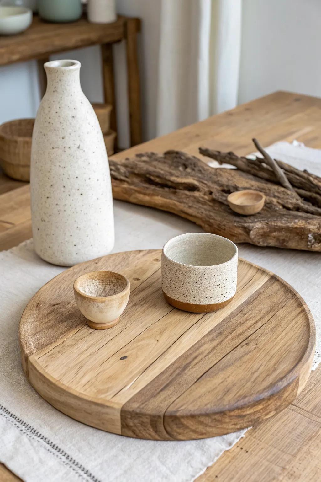 Rustic neutral lazy susan vignette—ceramics, candlelight, and weathered charm for small spaces.