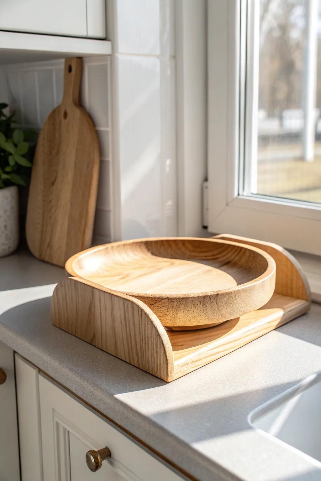 U-shaped shelf riser: a stable, wobble-free way to stack dishes in tall corner cabinets.