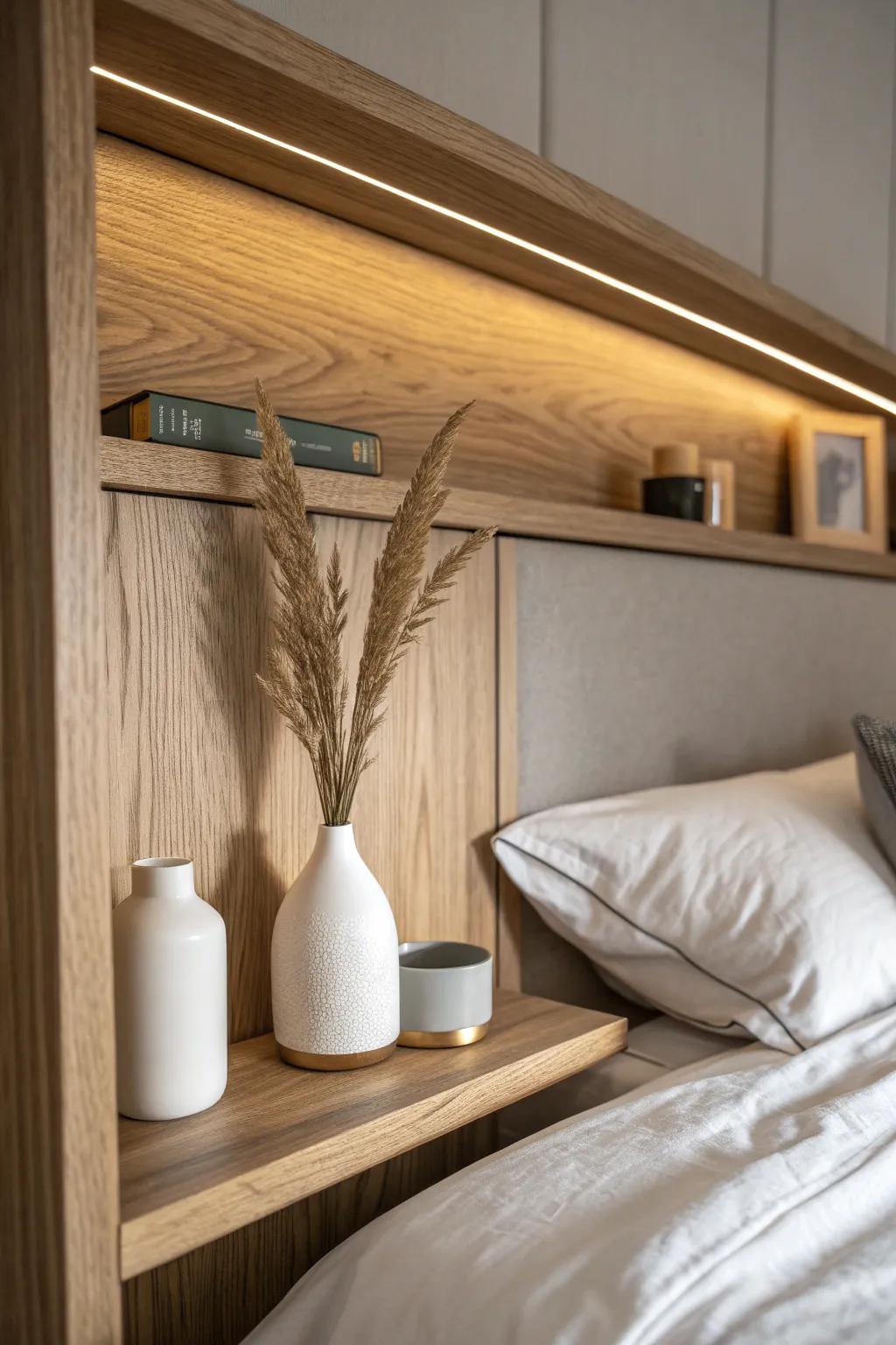 Hidden LED strip inside a headboard shelf for a soft, built-in bedside glow.