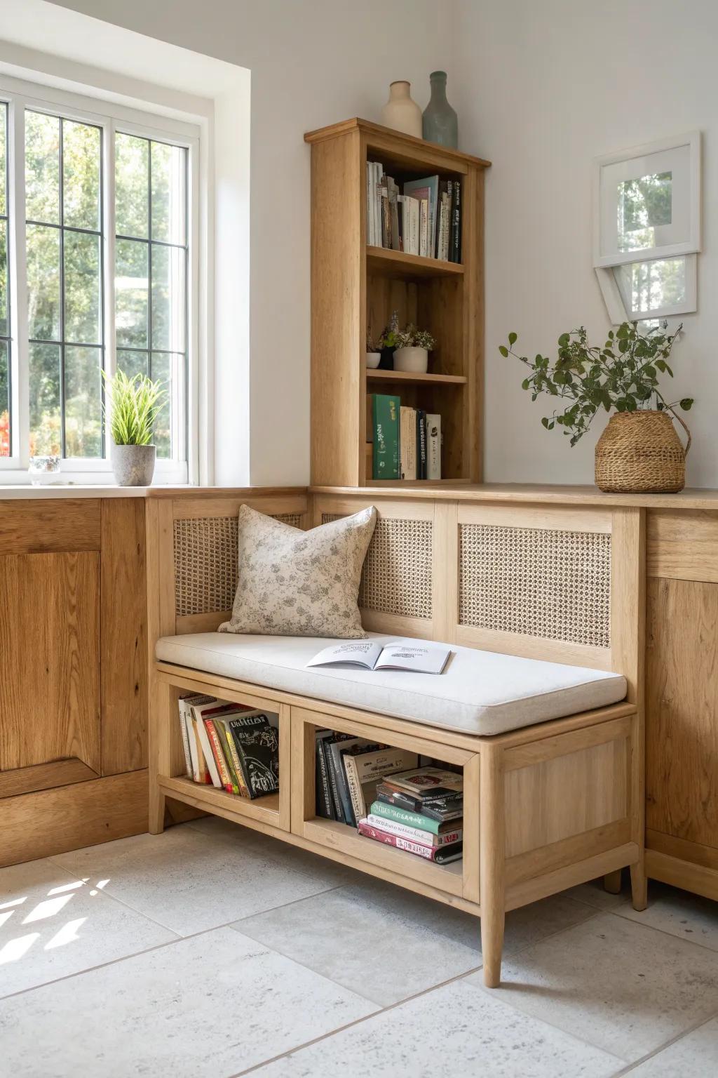 Turn a kitchen corner into a cozy cookbook library nook for slow coffee mornings.
