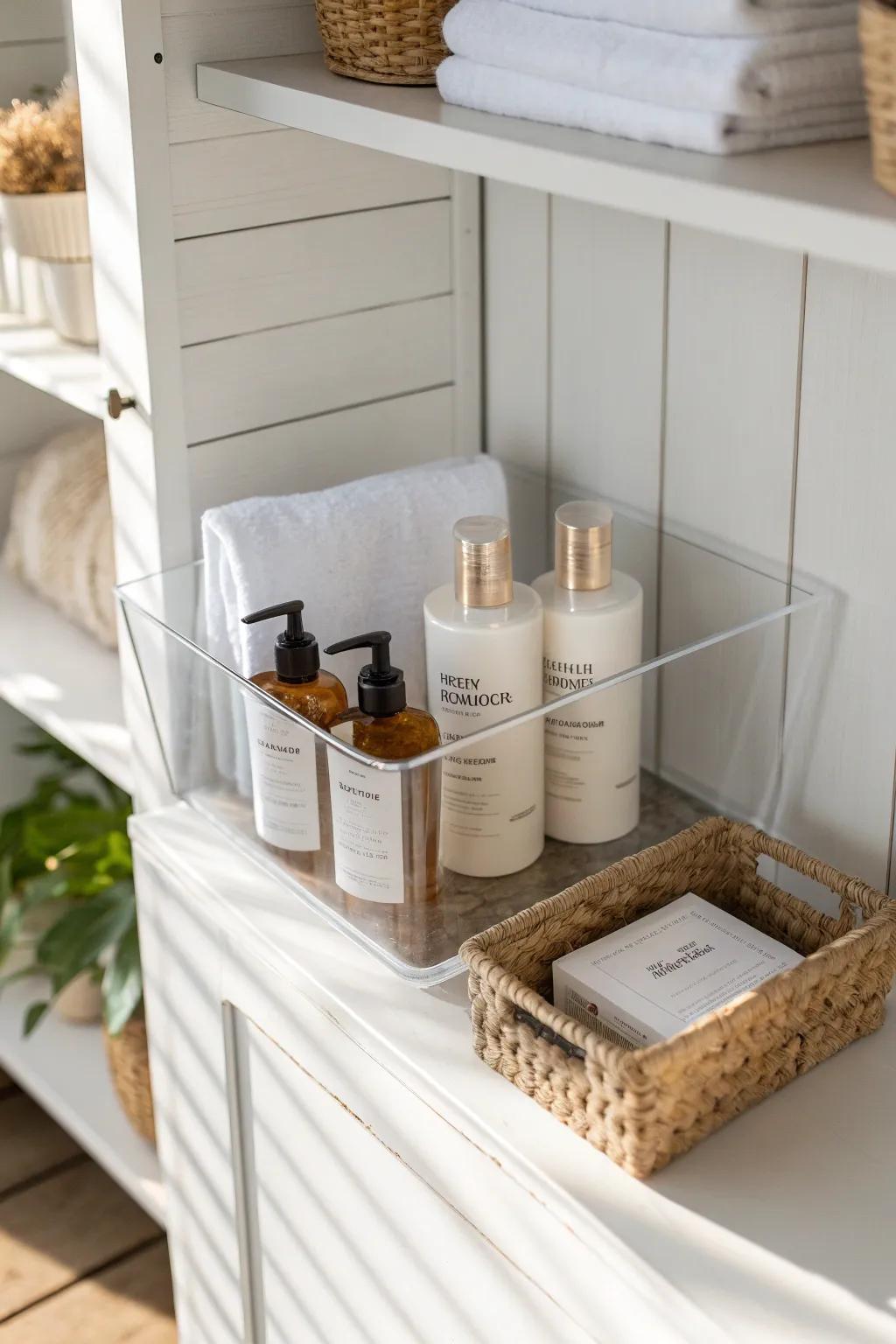 Clear bins turn one linen-closet shelf into a calm toiletries zone—no more duplicate shampoo.