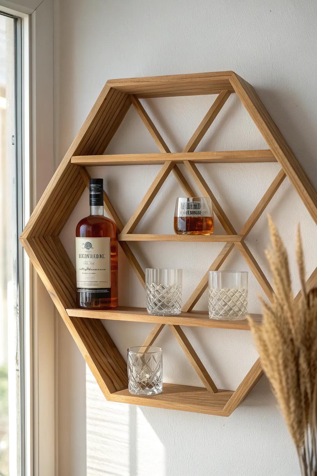 Hexagon shelf grid turns one bottle into wall art—minimal, airy, and beautifully edited.