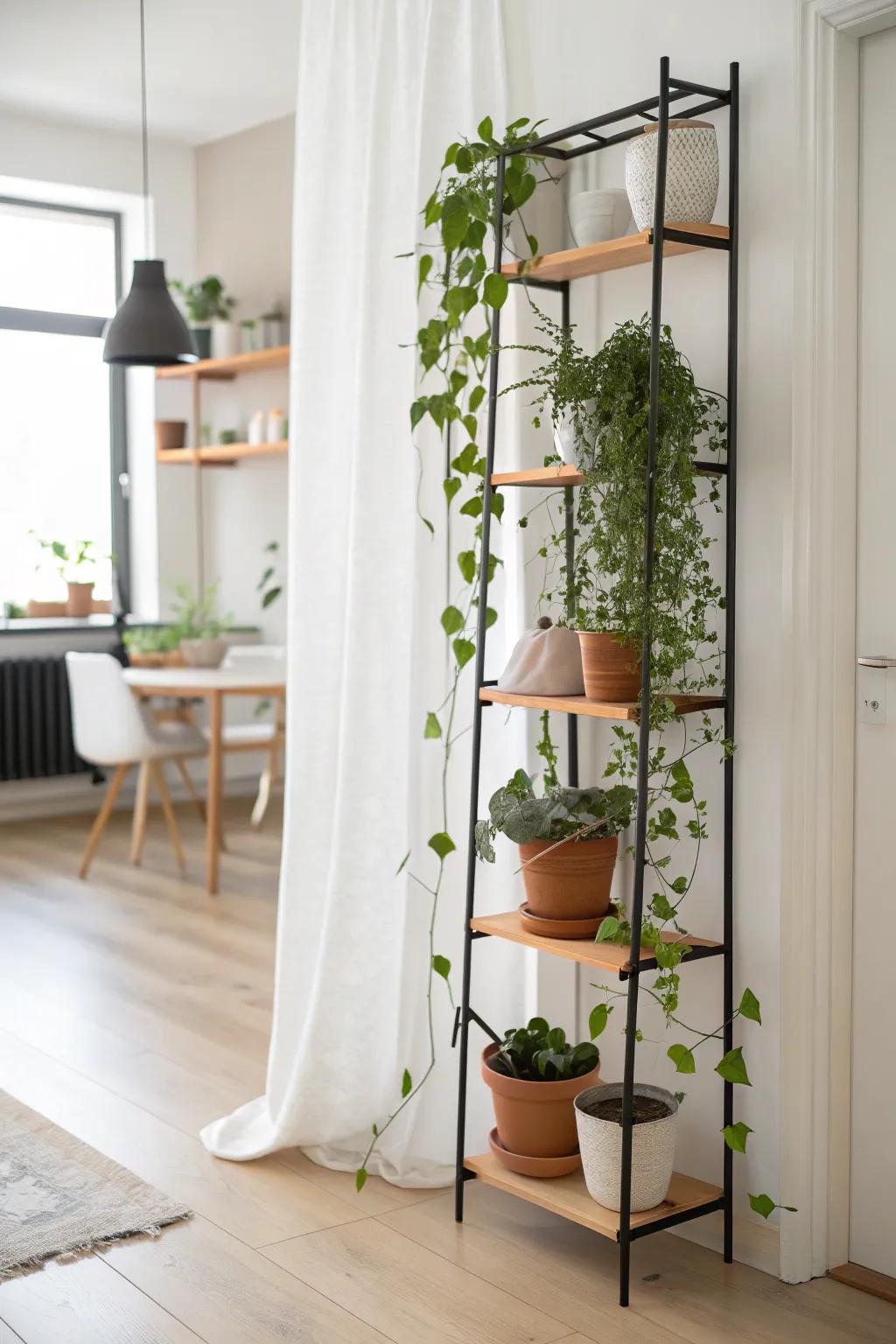 An airy plant wall divider that separates living and dining while keeping small spaces light.