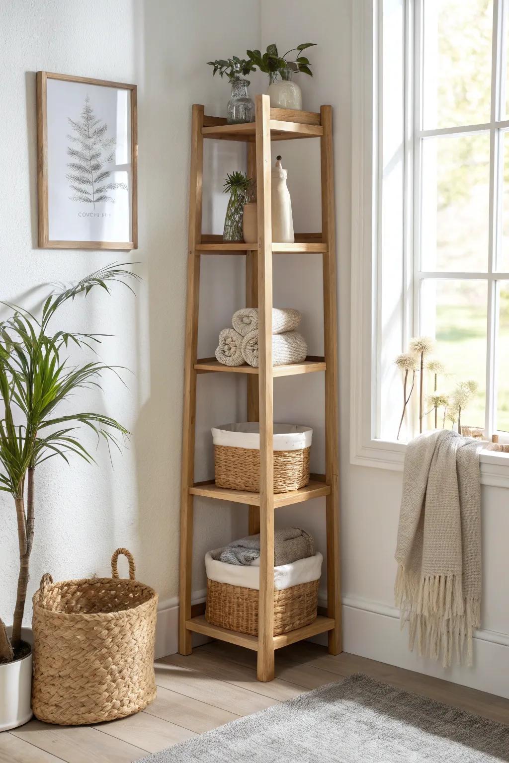 A slim corner shelving tower turns dead space into chic storage beside your living room closet.