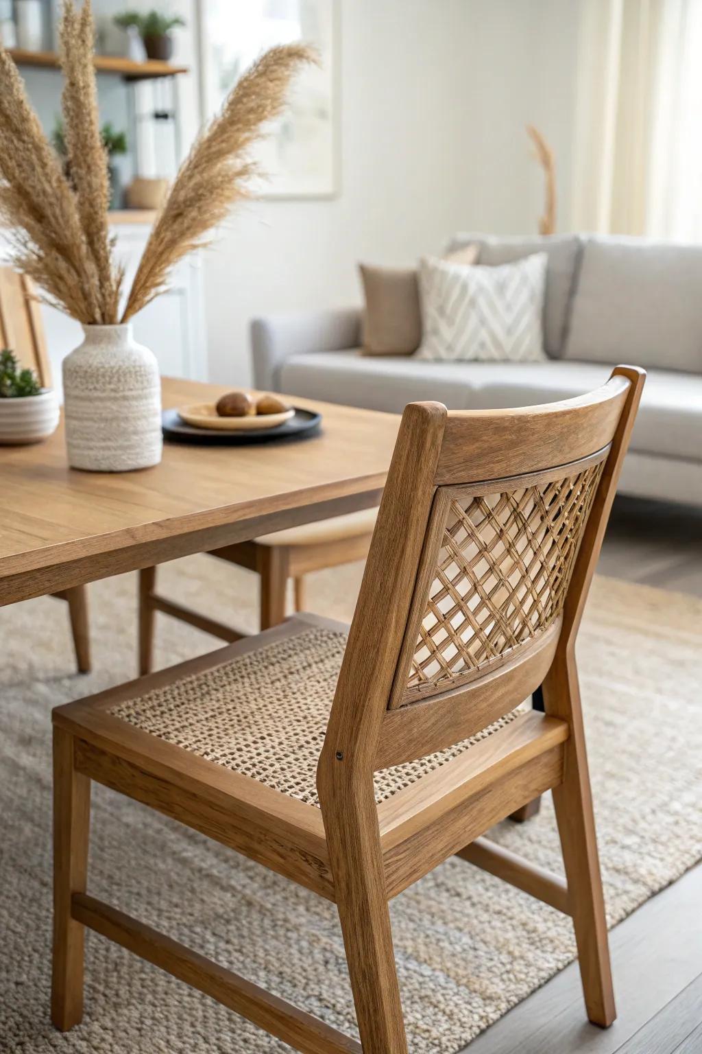 Repeat one oak tone across sofa and dining zone for an open-plan condo that feels seamless.