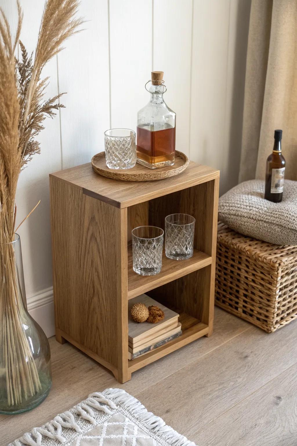 Turn a cube unit into a chic mini bar—tray on top, bottles above, extras tucked below.