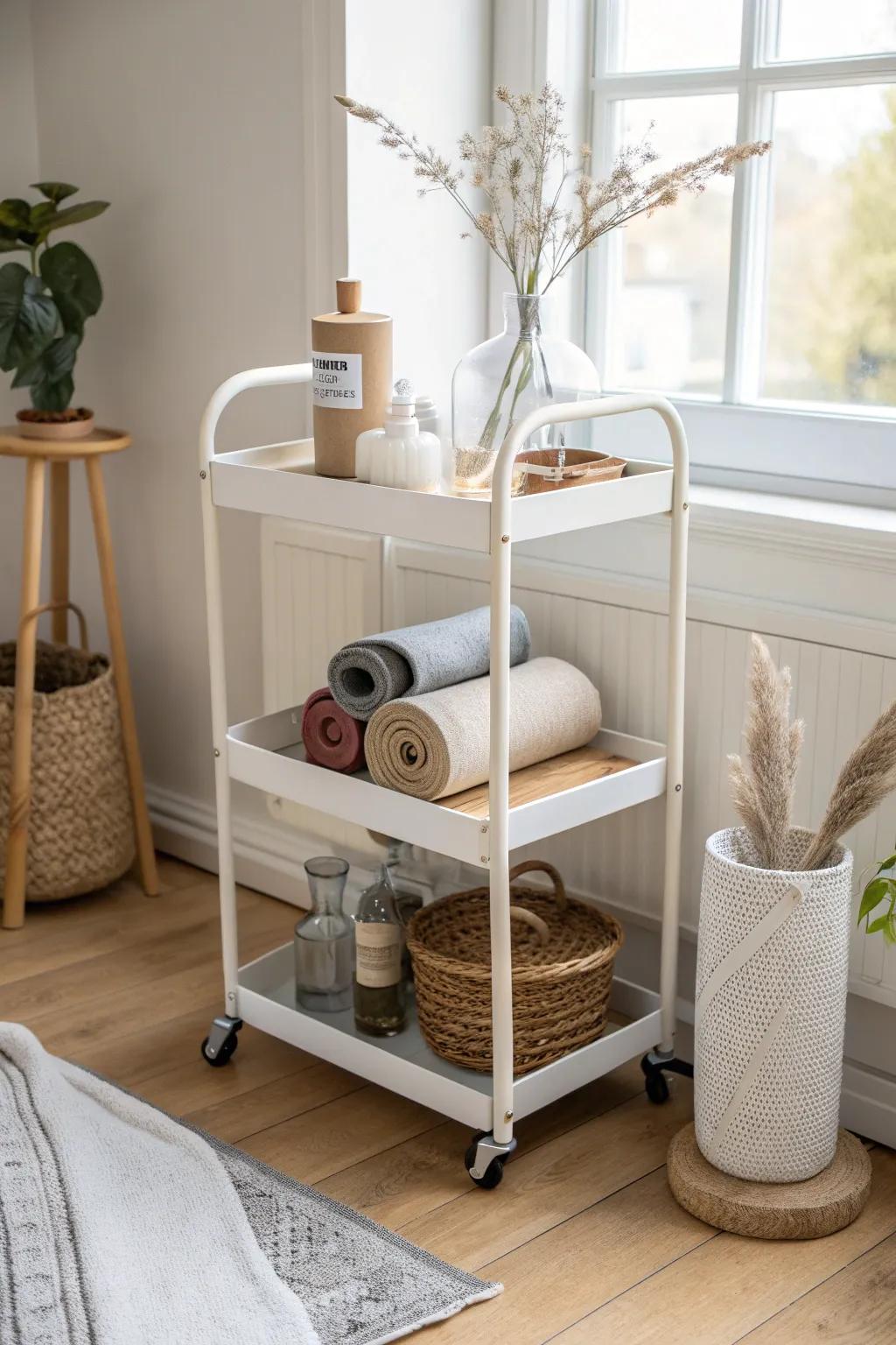 A chic rolling cart keeps living room workout essentials organized—and ready to roll out fast.