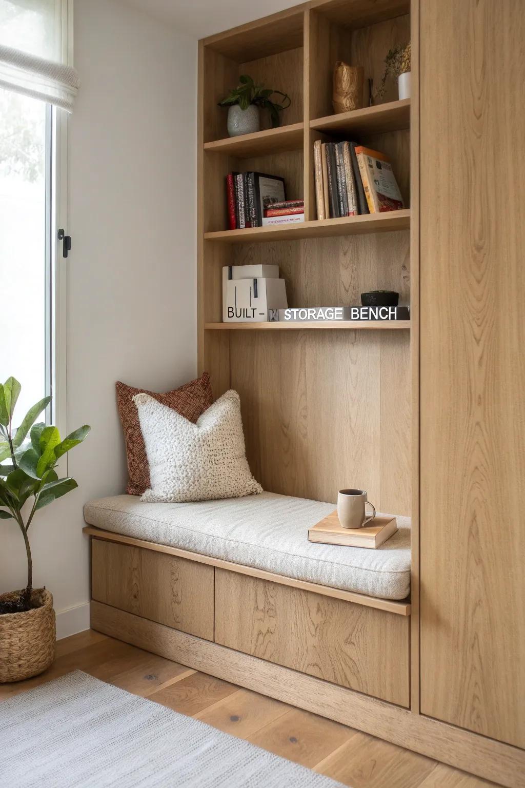 A deep niche becomes a cozy storage bench reading nook—extra seating without taking space.