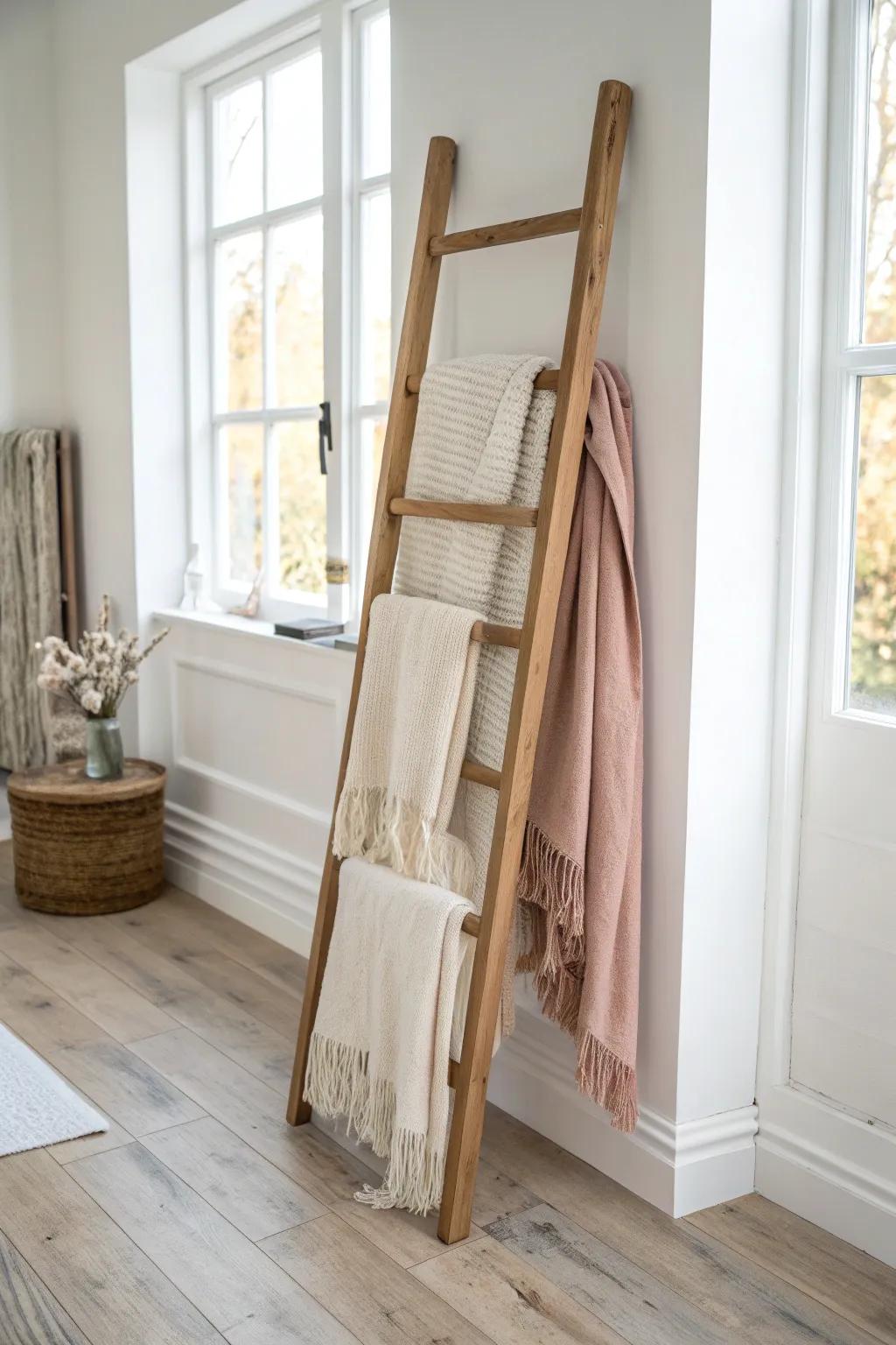 A blanket ladder keeps throws cozy yet curated—instant living room order without losing warmth.