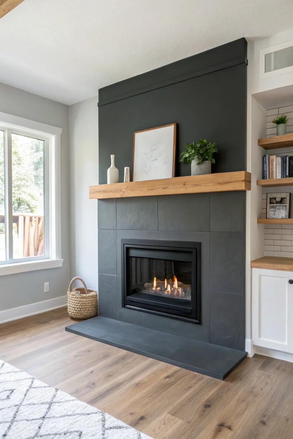 Charcoal gray fireplace wall: a small-space focal point that feels calm, modern, and chic.