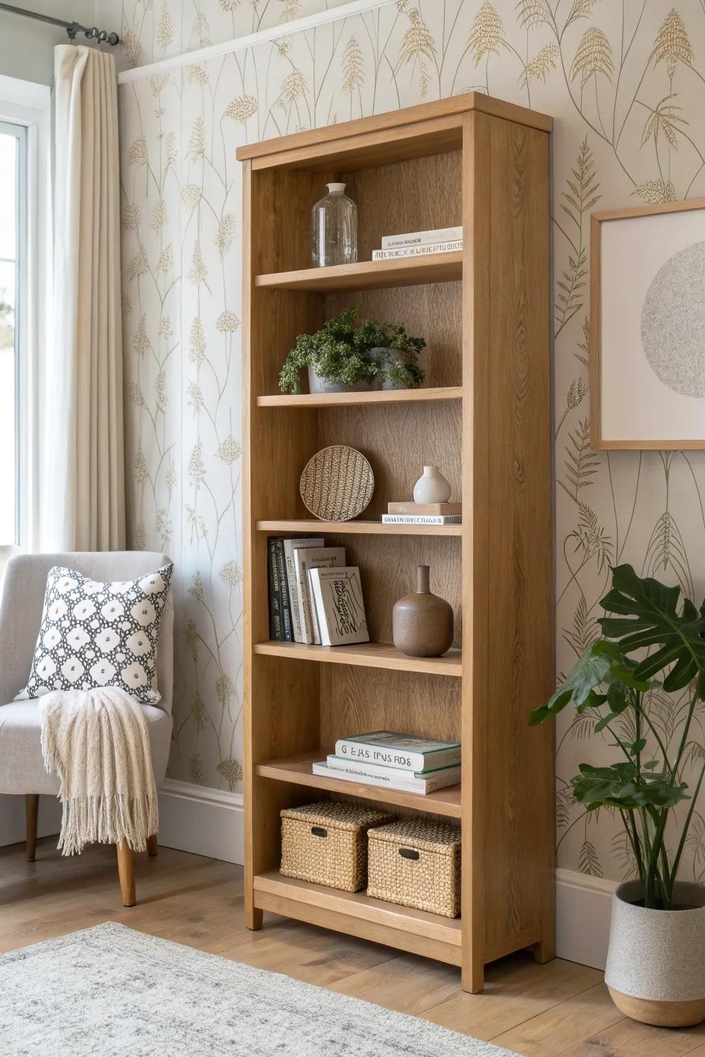 Instant shelf glow-up: peel-and-stick wallpaper backing makes every book look curated.