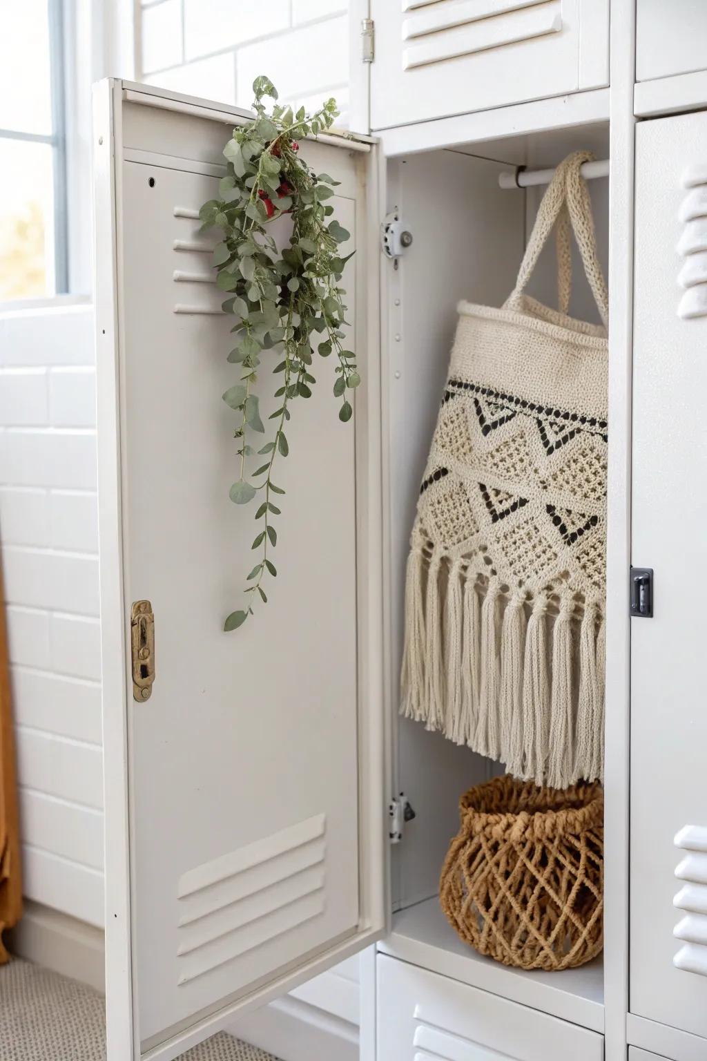 Boho locker styling: woven textures, soft neutrals, and a tiny plant for cozy charm.