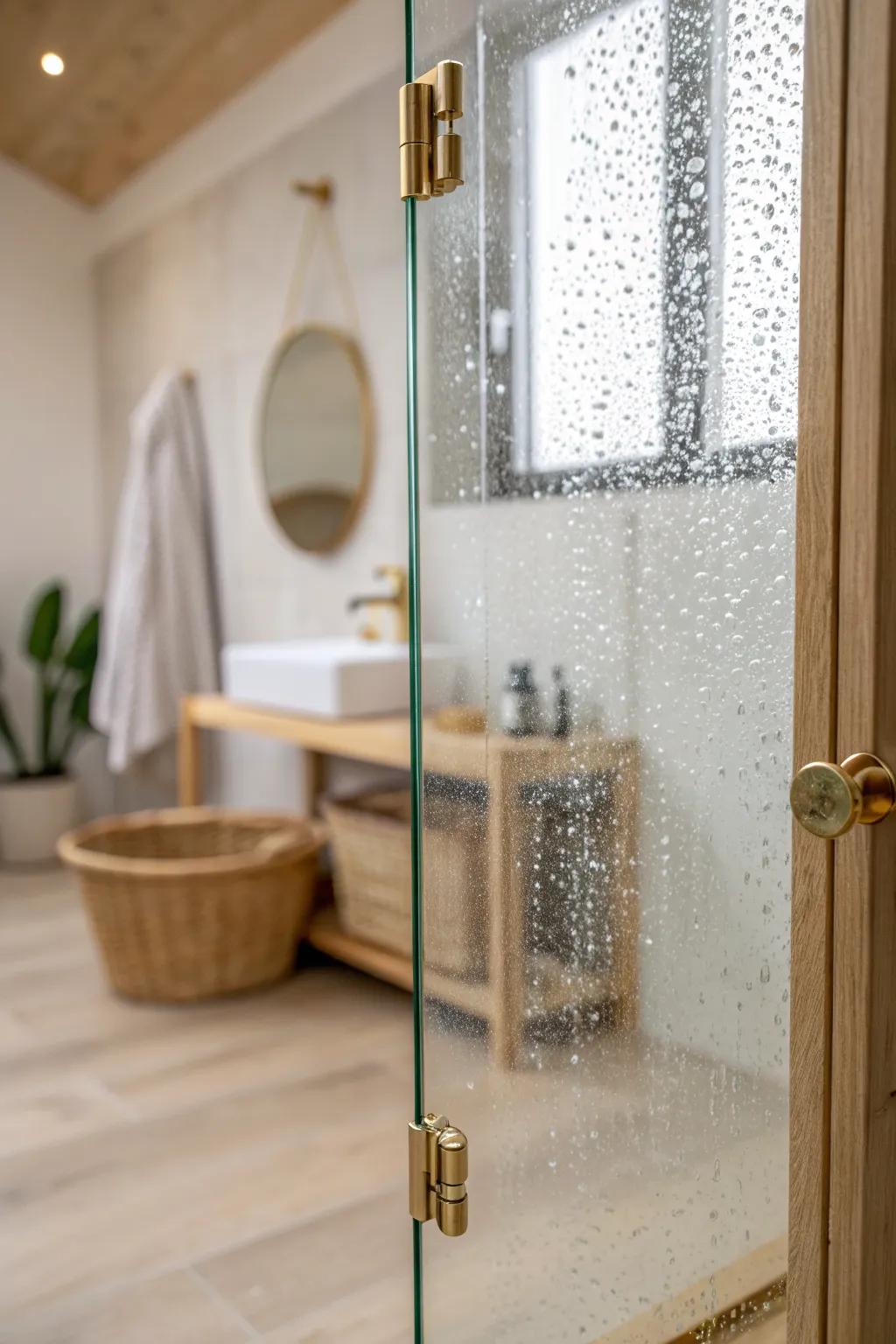 A single glass panel makes a narrow loft bath feel airy—no door swing, just space.