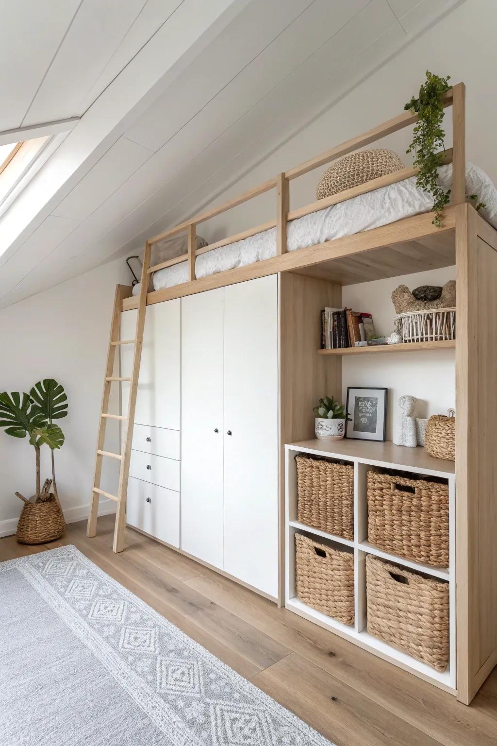 A calm hidden storage wall under the loft—closed fronts, open shelves, perfectly styled bins.