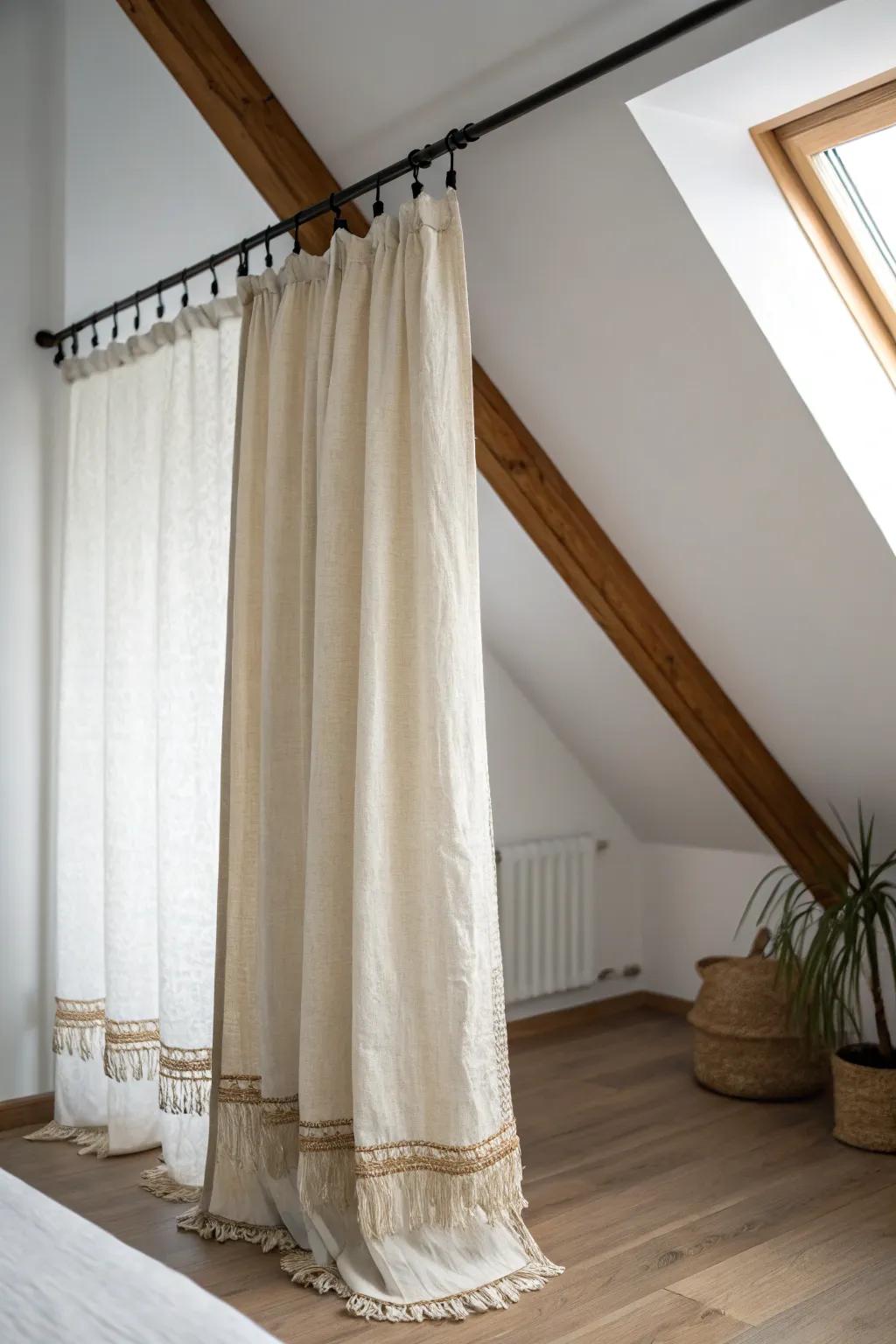 A linen curtain on a ceiling track turns a loft slope into a cozy, hidden sleep alcove.