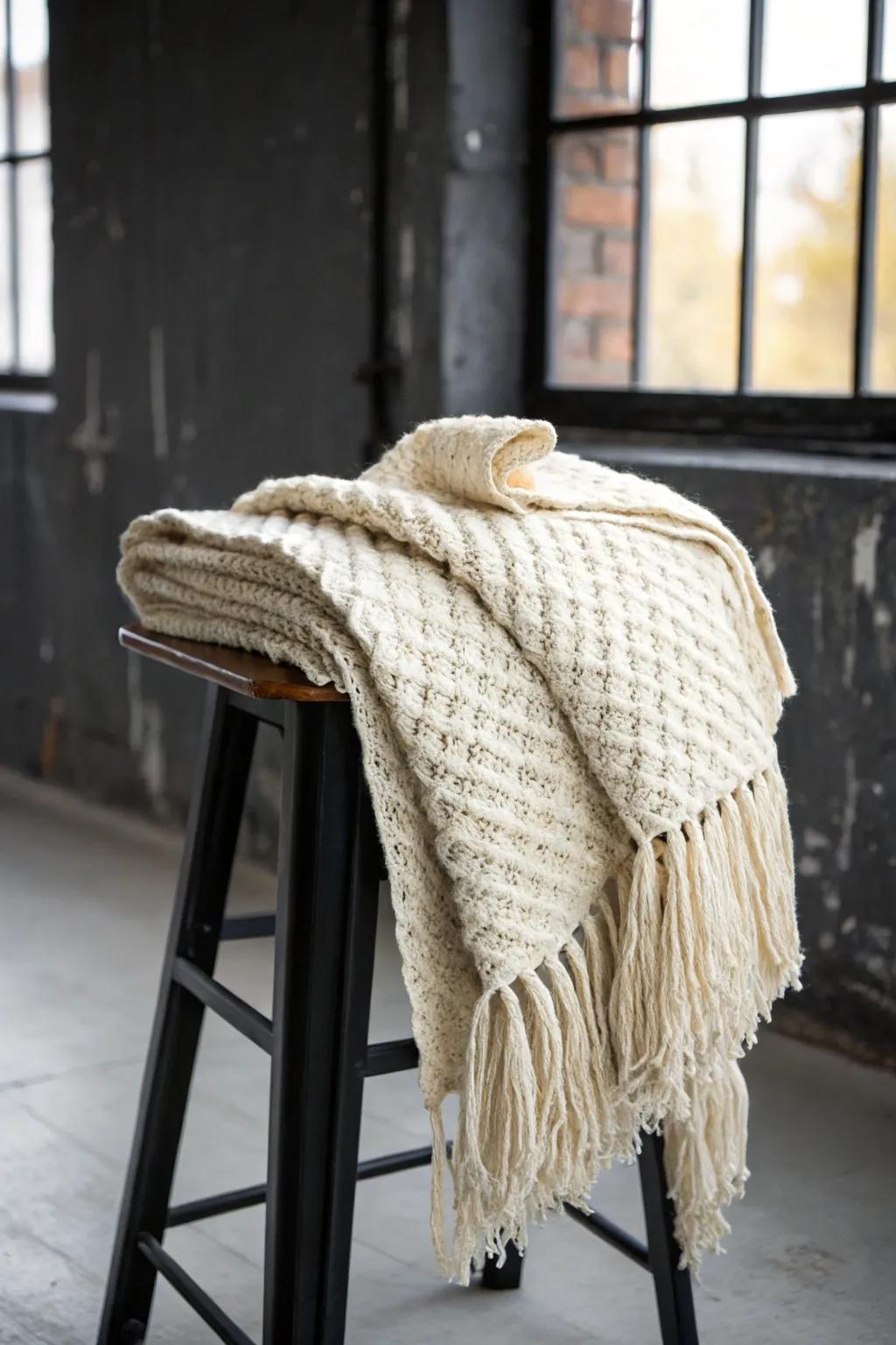 Chunky knit throw + textured layers instantly soften the cool edges of an industrial loft.