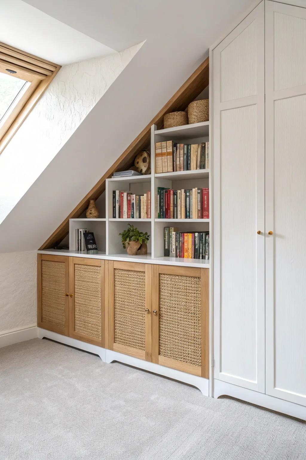 Closed cabinets in the loft keep clutter hidden, letting your book collection feel serene.