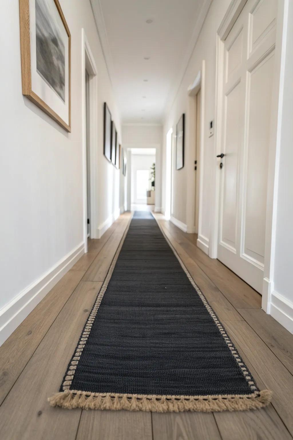 A dark hallway runner turns a bright corridor into a moody, gallery-like space—instant drama.