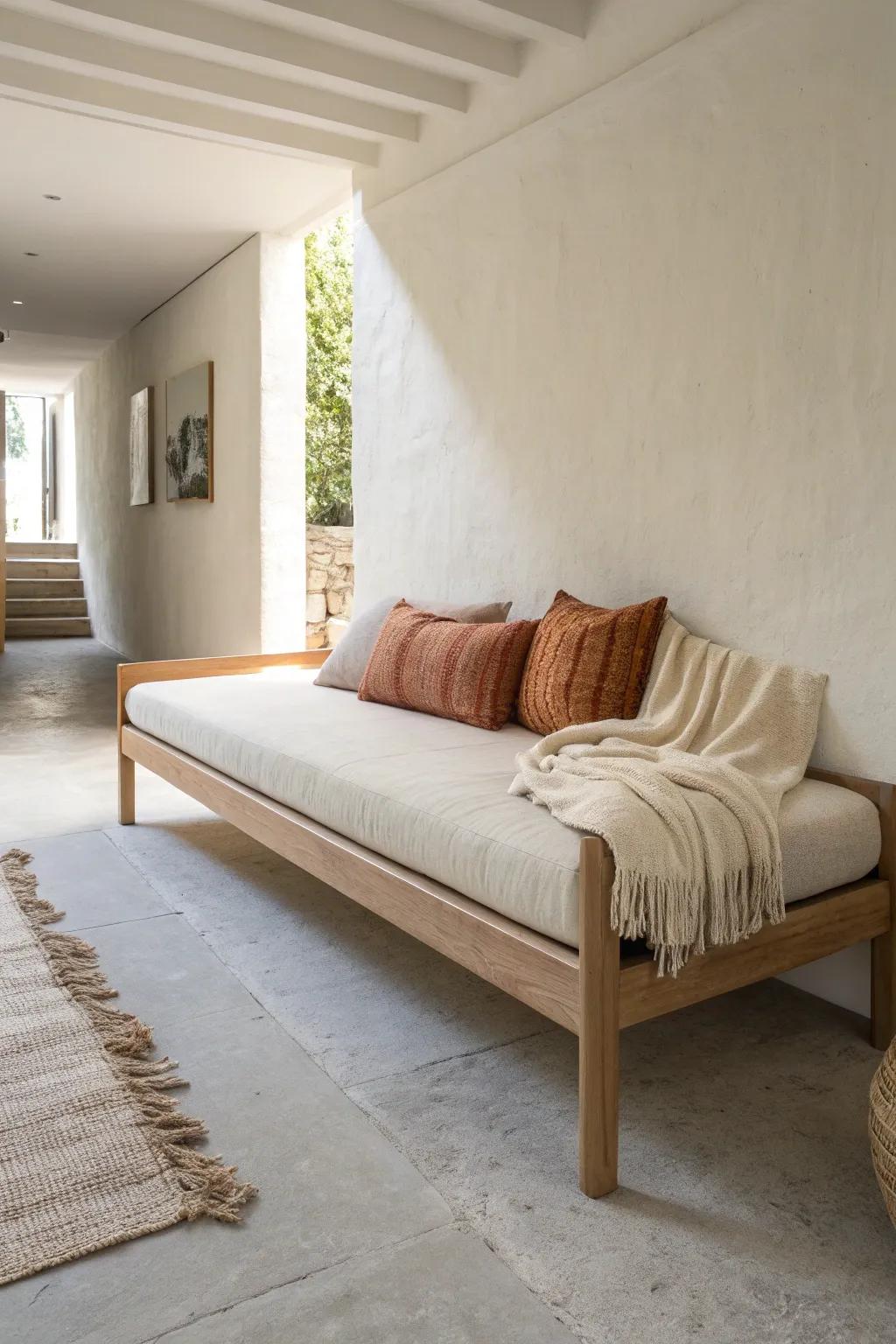 A slim daybed creates an overnight-ready guest nook—perfect for long, narrow basements.