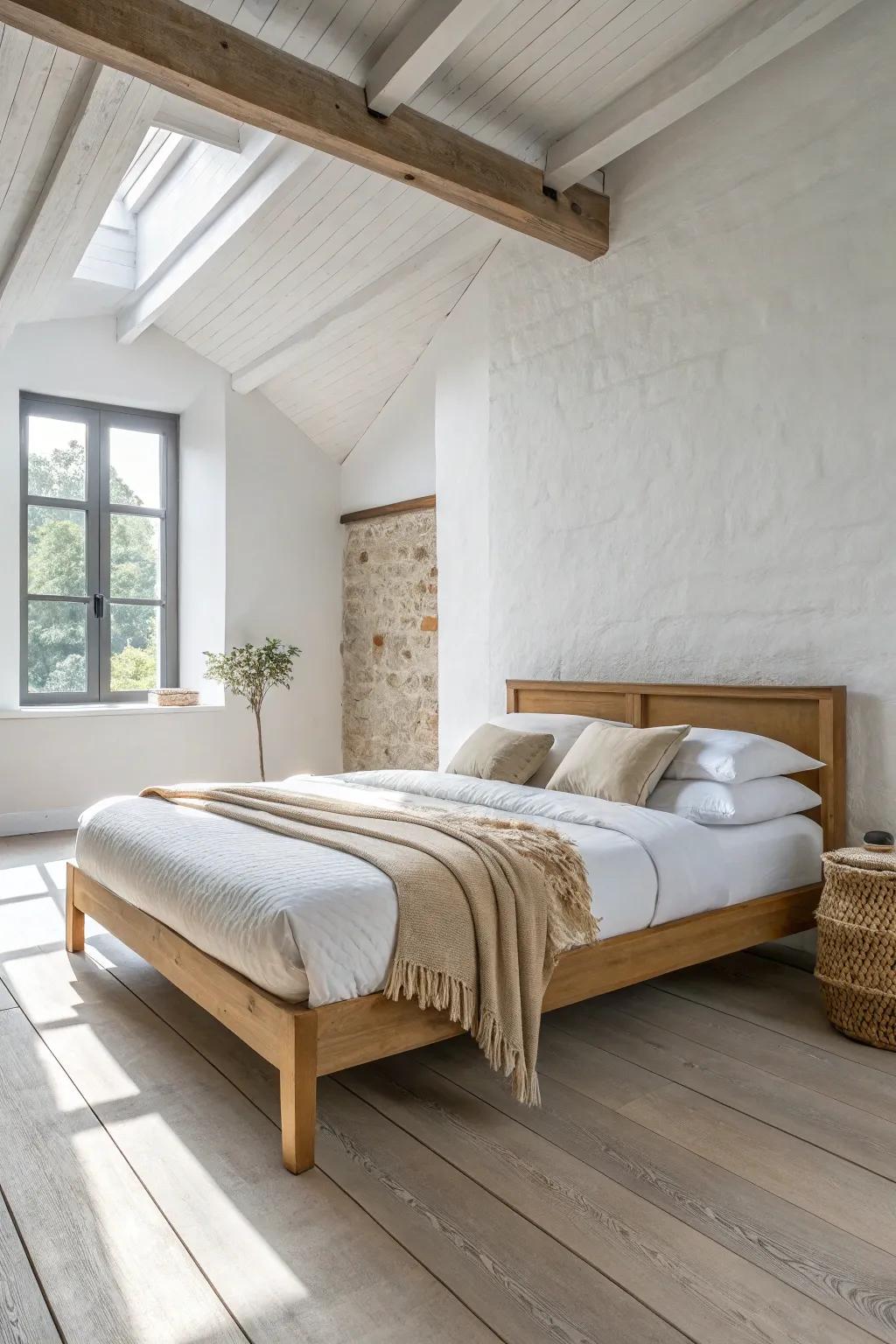 Center the bed on the long wall for a calm focal point and a clear, slim walkway.