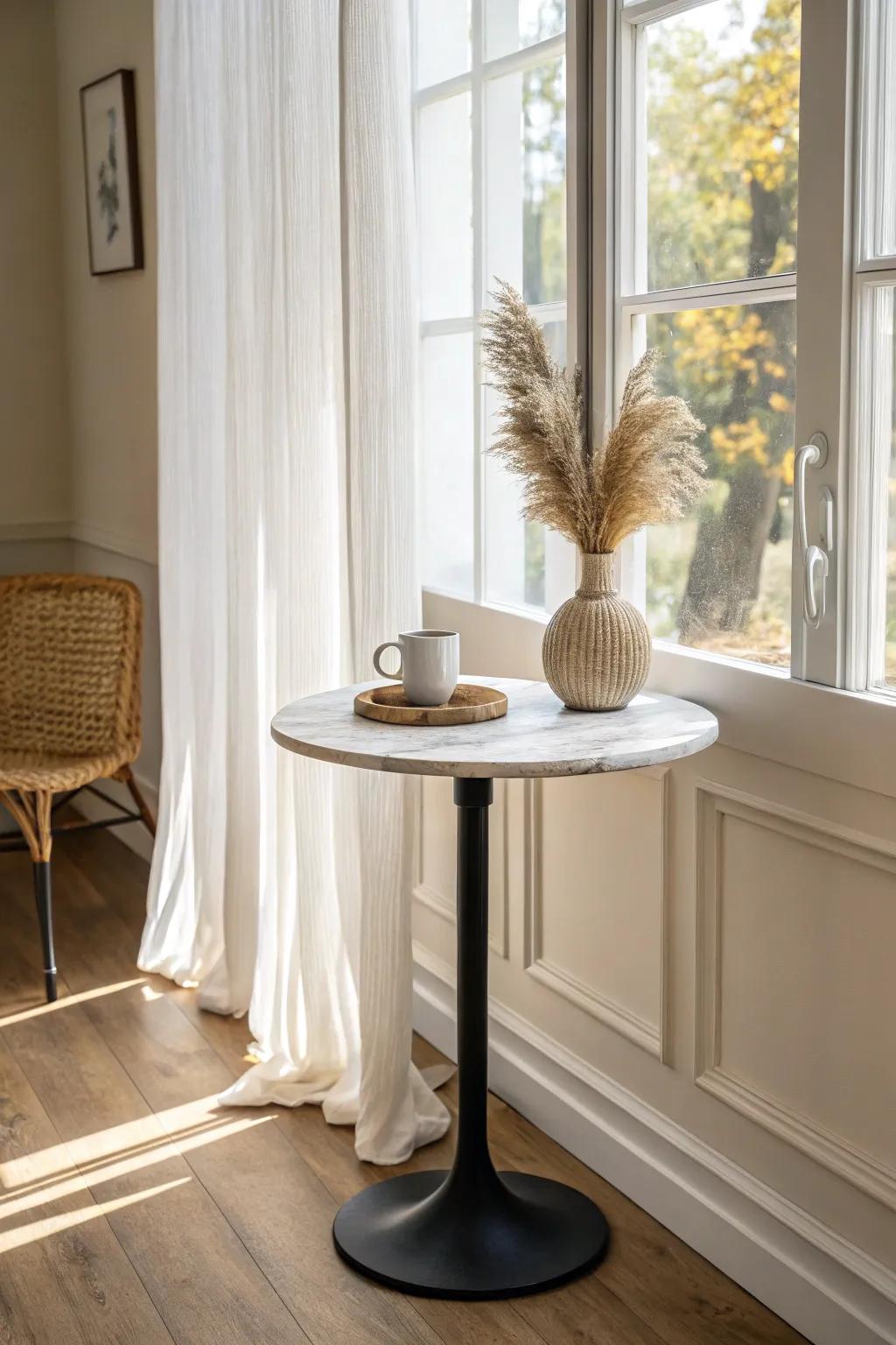 A petite round bistro table makes a narrow sunroom corner feel like your own mini café.