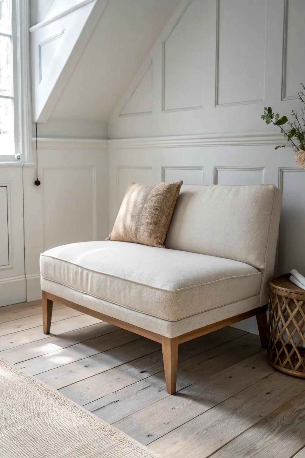 An armless loveseat keeps a tiny bedroom airy—minimal lines, cozy texture, zero clutter.