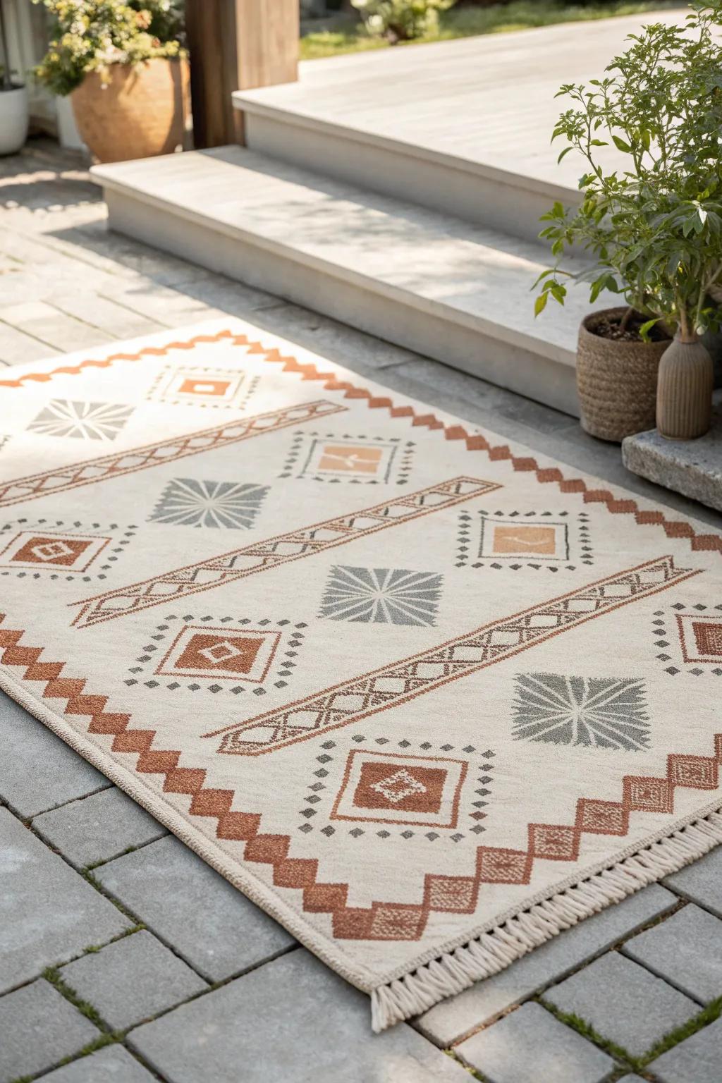 Outdoor rug over pavers = instant cozy patio color—no grass, no upkeep, all style.