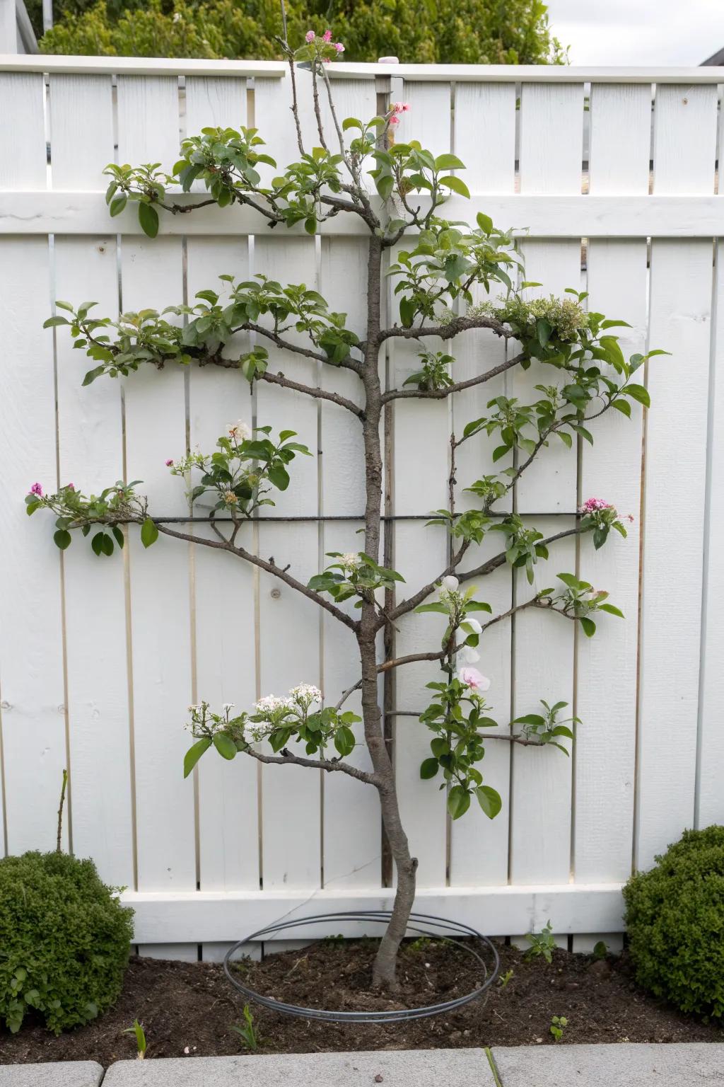 Espalier fruit tree on a fence—space‑saving, tidy greenery that doubles as living privacy.