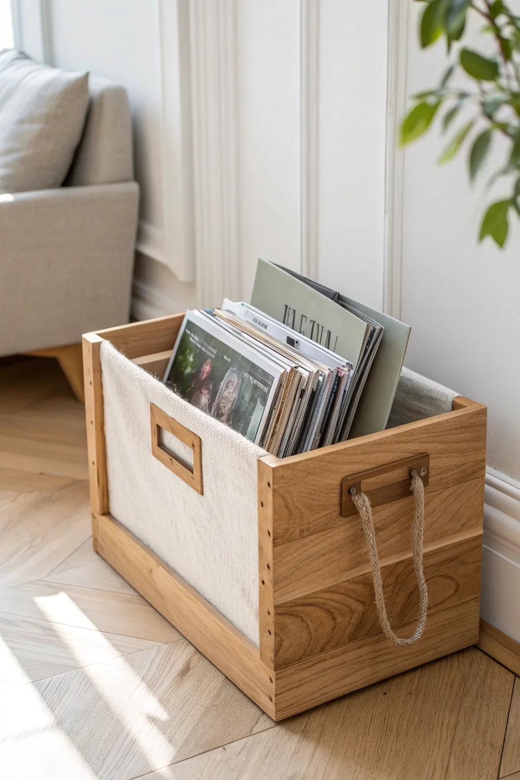 A slim oak file crate keeps back issues upright—and slides away fast for a cleaner room.