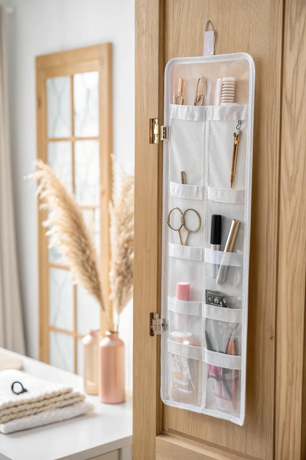 Stick-on door organizers: hidden storage for clips, lash tools, and minis in tiny vanities.