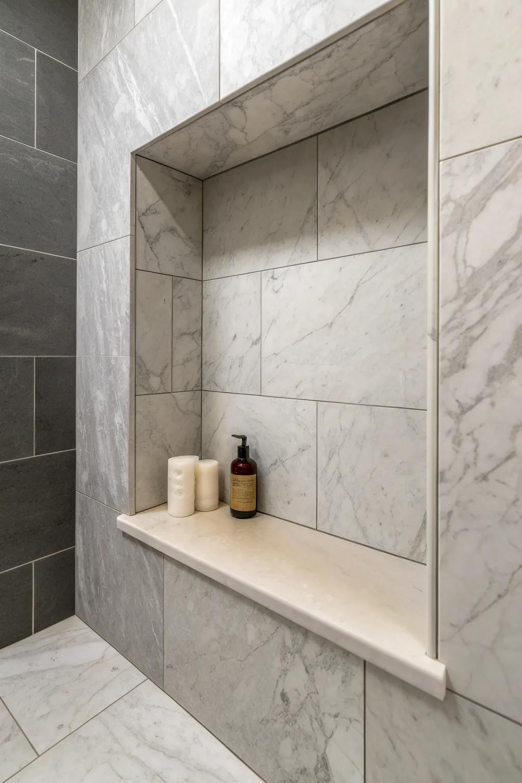 Marble niche above the shower bench: a compact spa moment that keeps daily essentials serene.
