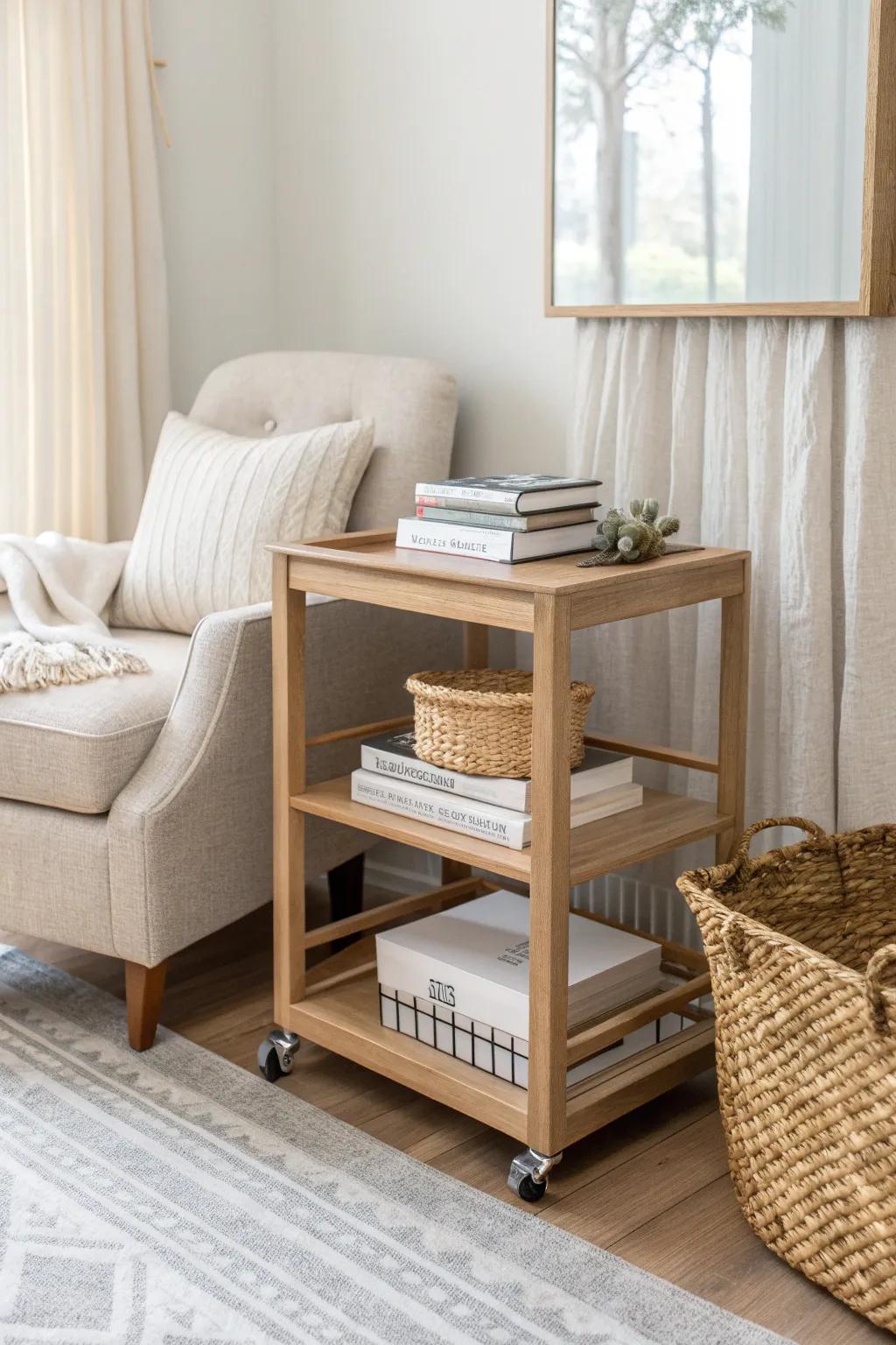 A tiny rolling book cart keeps books and journaling essentials close—wherever the light lands.