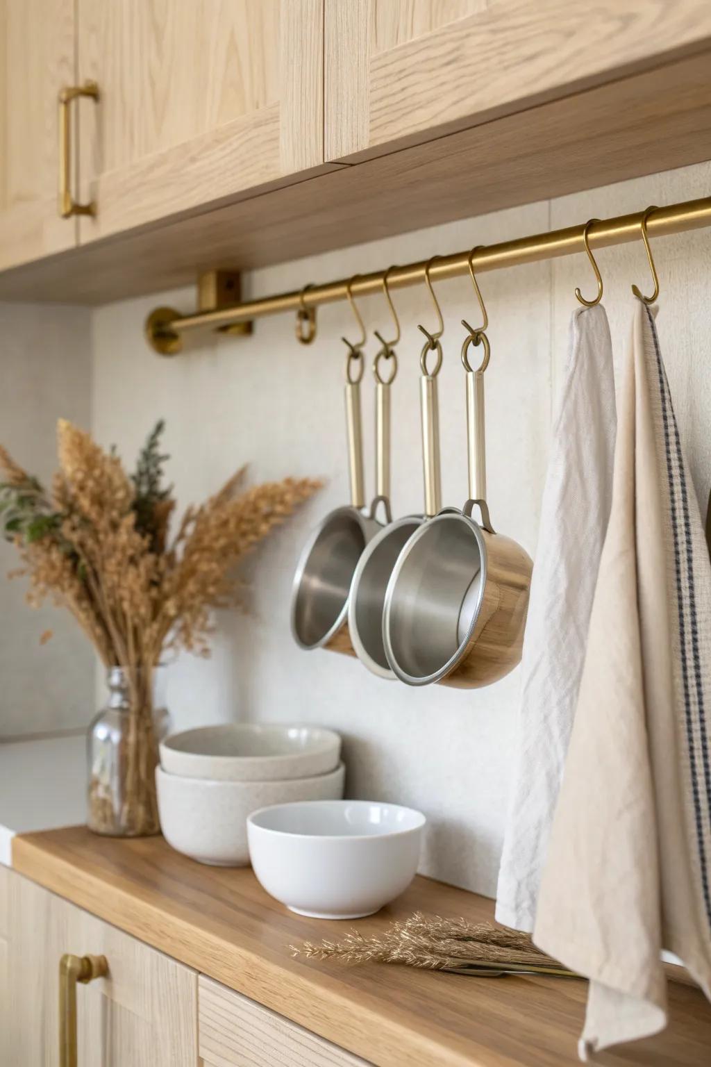 Turn a tension rod into a mini drying line—hang measuring cups neatly inside any cabinet.