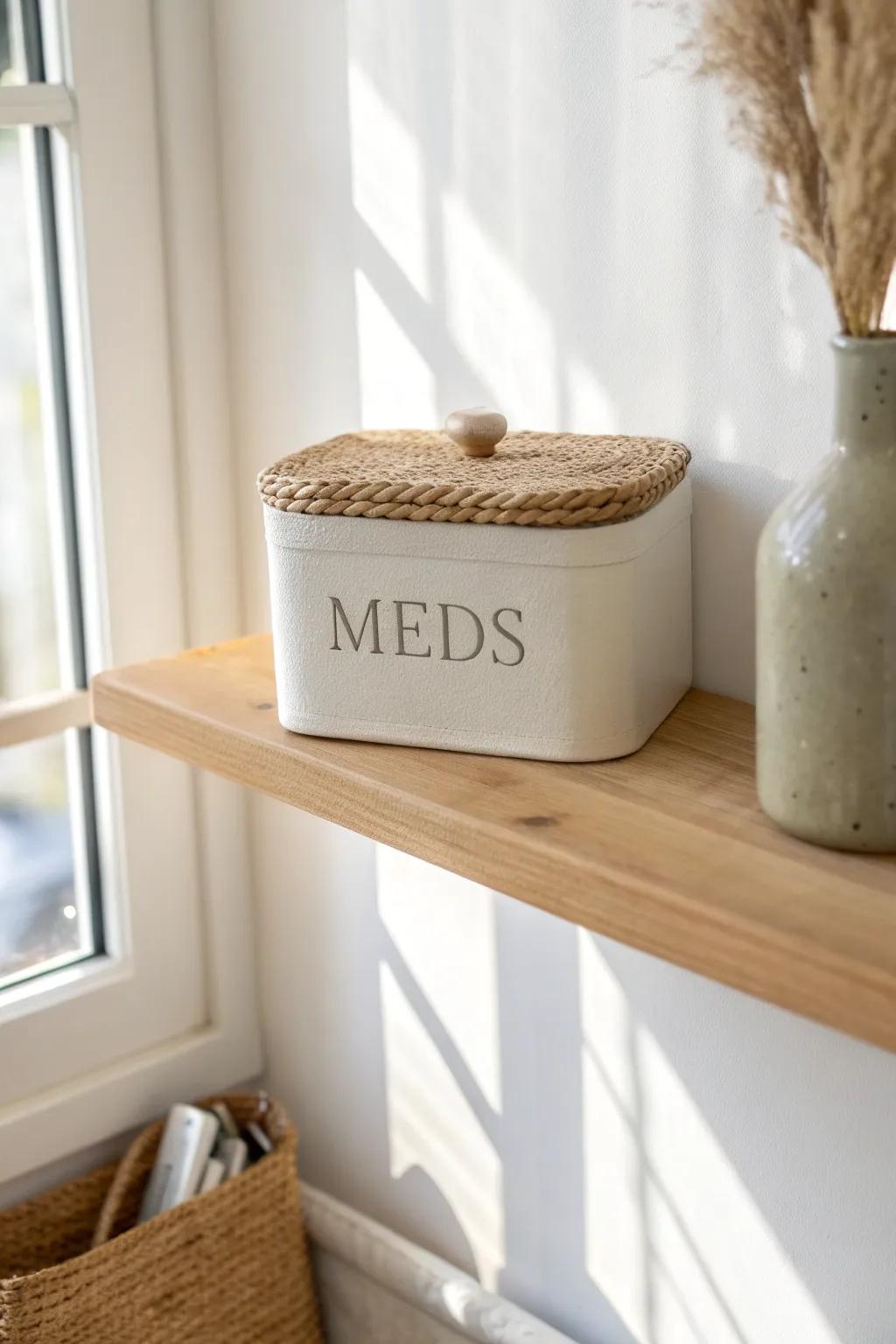 Keep meds safer: a lidded box on the highest shelf—ideal for kids or overnight guests.