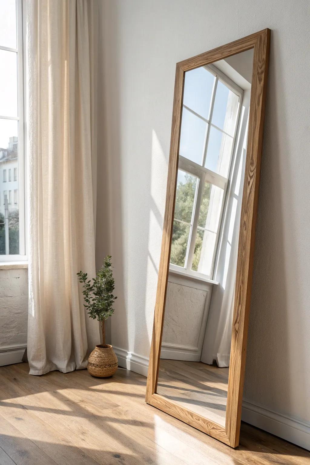 A leaning full-length mirror in pale oak—simple, masculine, and makes small rooms feel bigger.