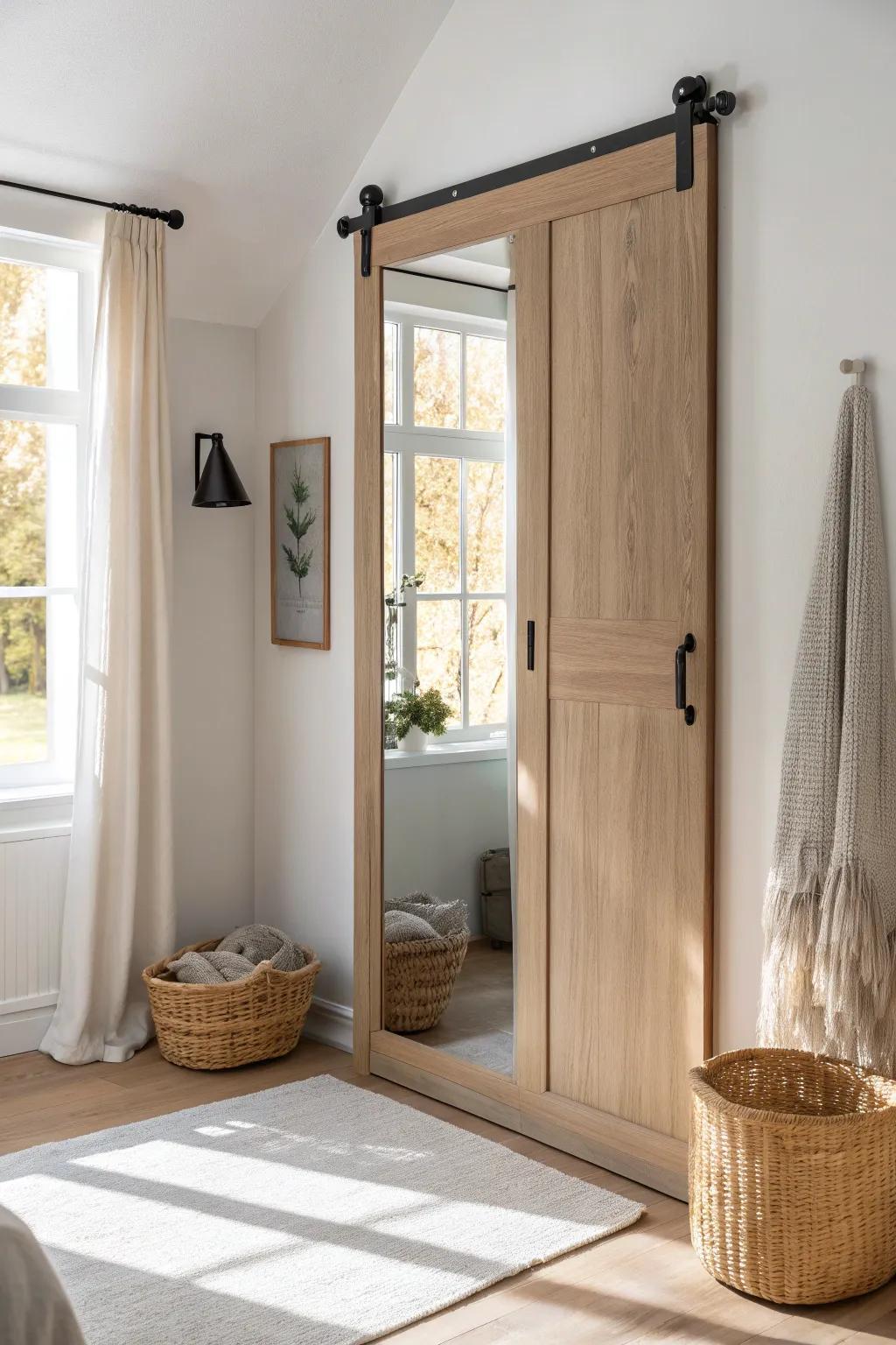 A space-saving full-length mirror inside the closet door for quick outfit checks in small rooms.