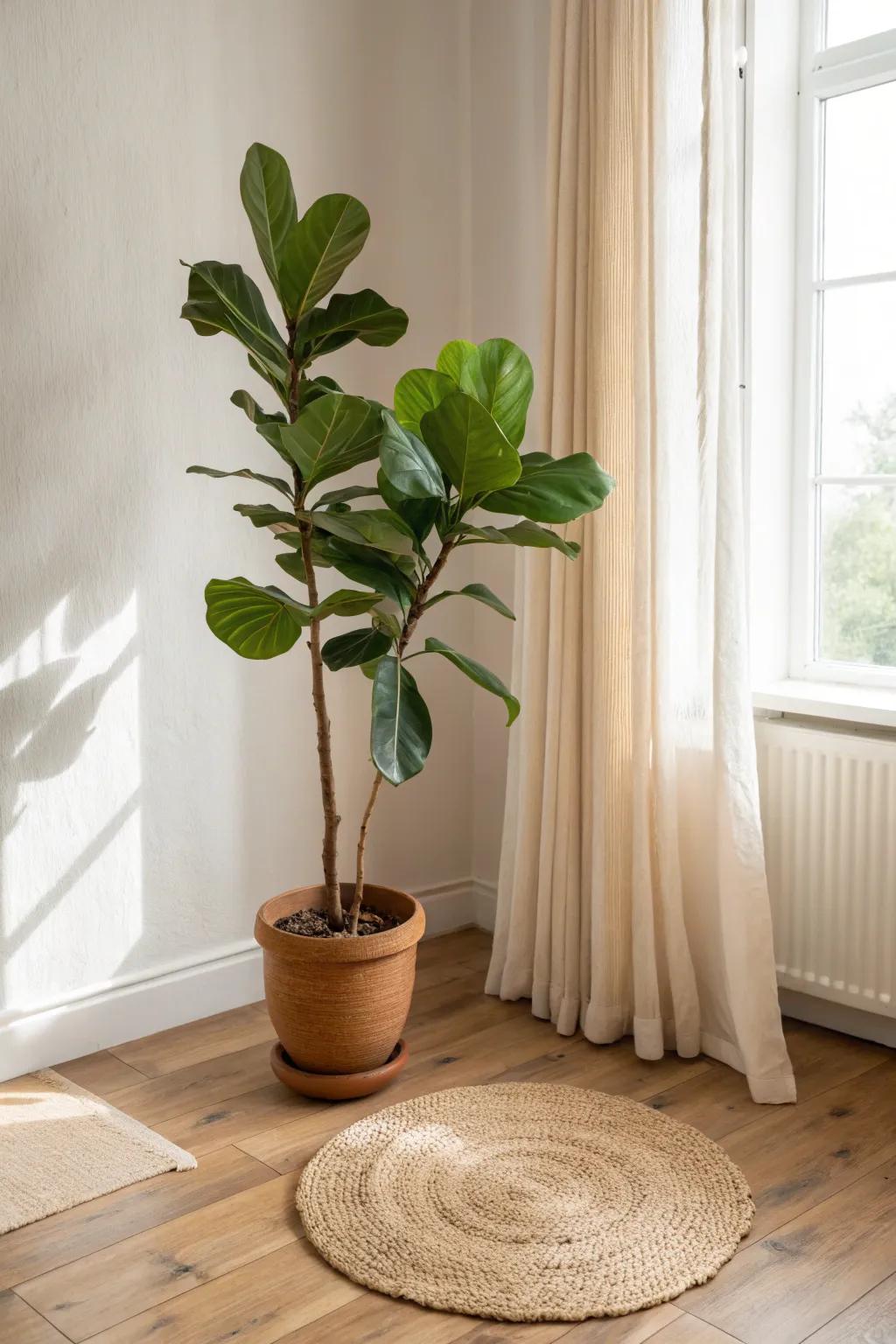 One oversized leafy plant turns a quiet studio corner into a calm, lived-in retreat.
